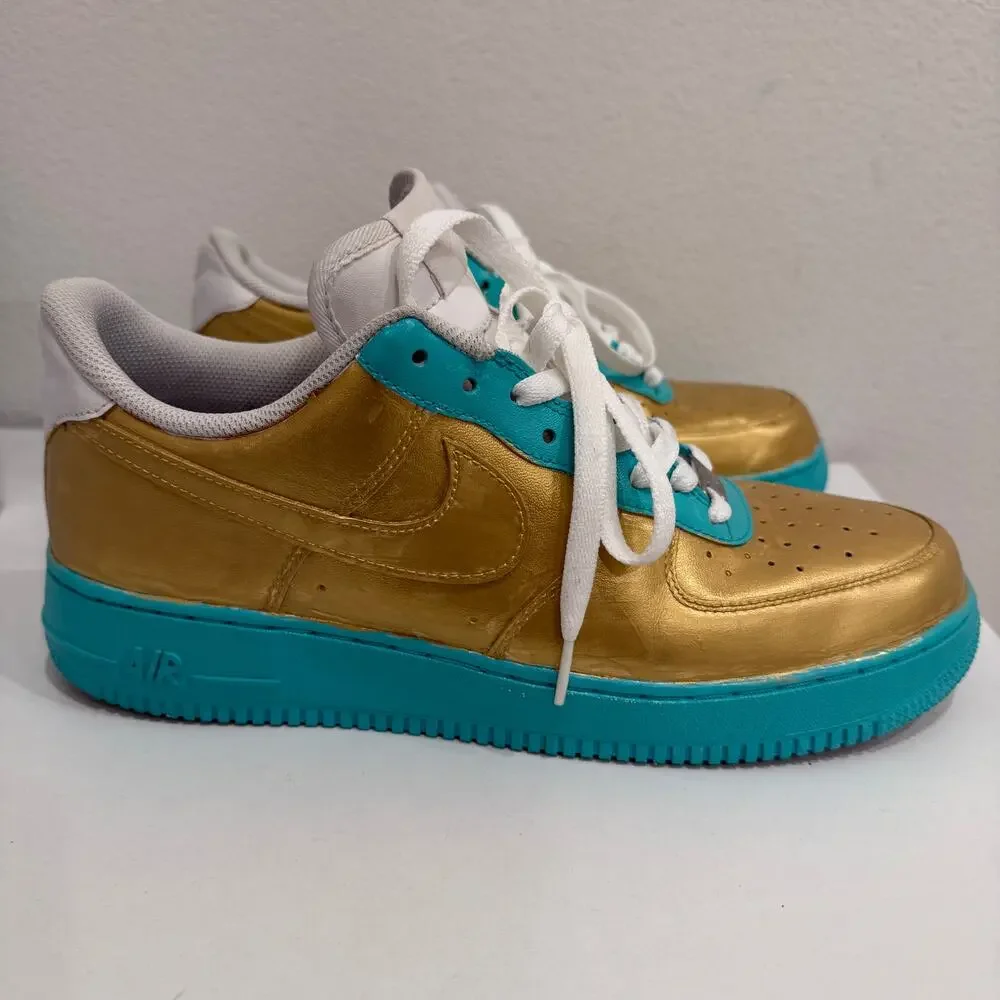 Nike Air Force 1 Low Custom Gold Teal Painted Leather Men’s 10.5